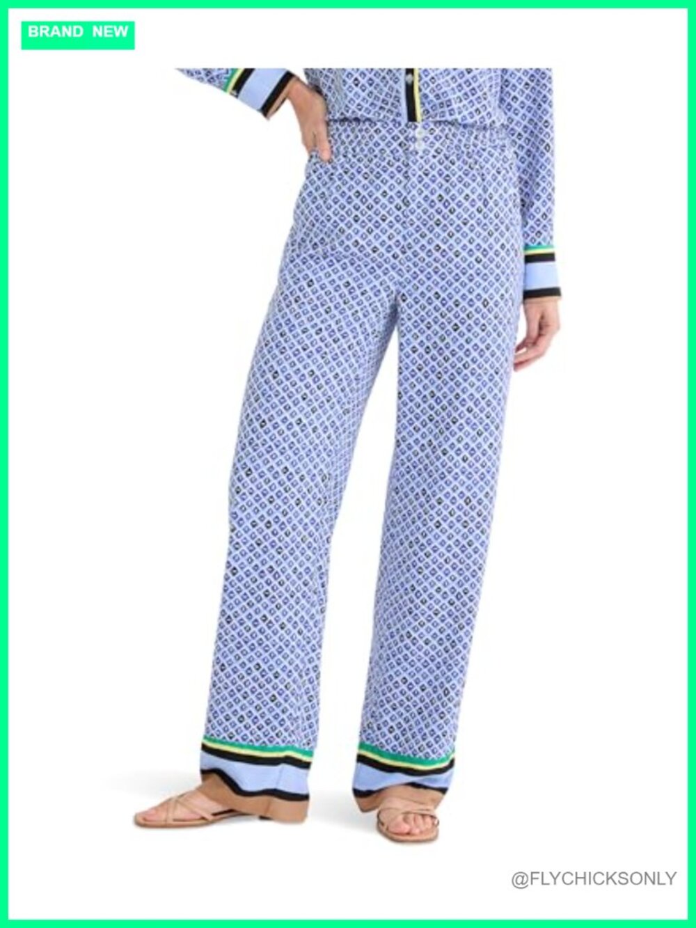 Wide Leg Pants High Rise Relaxed Fit Mosaic Trim